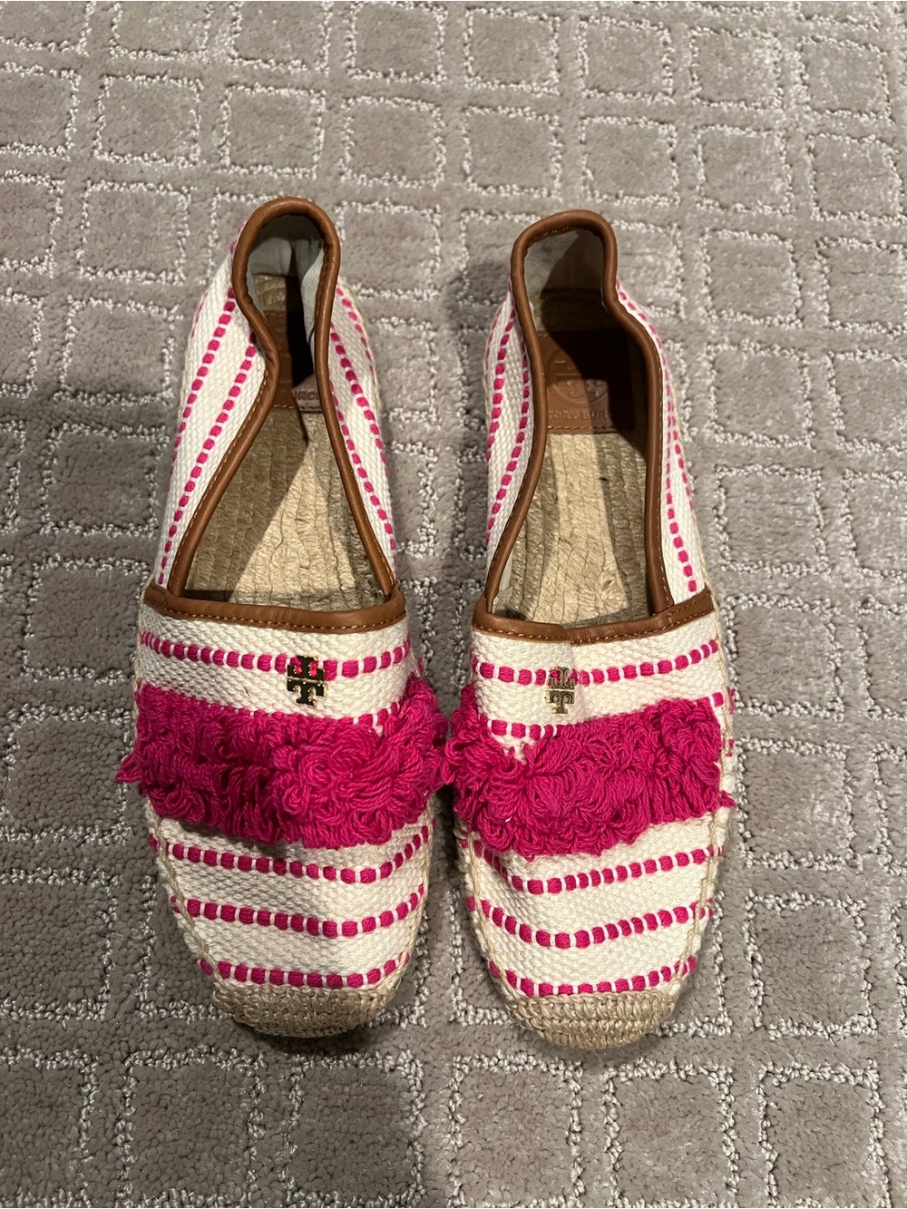Tory Burch Cream Canvas Espadrilles with Hot Pink Fringe